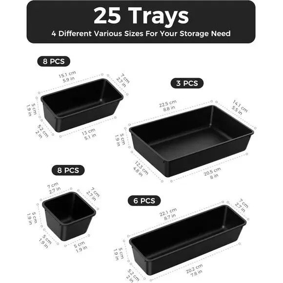 25 PCS Plastic Drawer Organizers Set, 4-Sizes Vanity and Makeup Organizer, BLACK - Picture 3 of 7